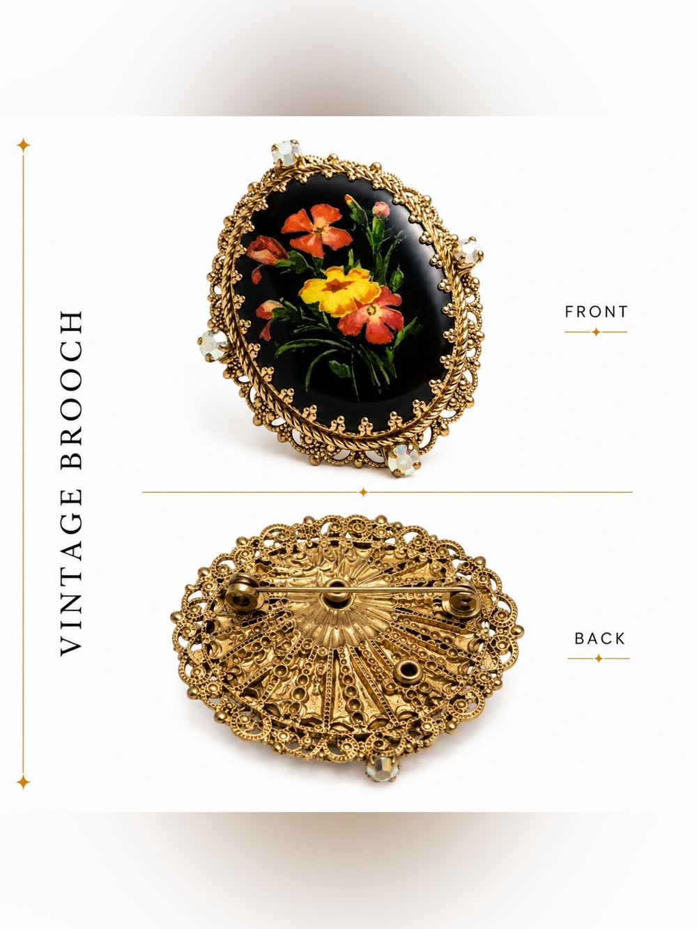 Vintage Hand Painted Floral Brooch Gold Filigree Rhinestone Pin Black Cameo